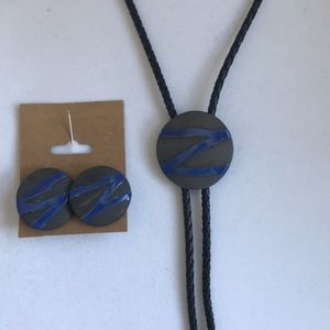 Vintage 80s/90s Hand Crafted Ceramic Bolo Tie and Earrings Set